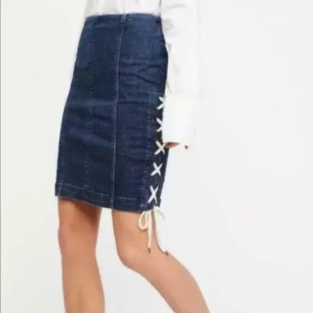 Free People Denim Jean Pencil Skirt Lace Up Ties Western Boho Cowgirl Y2K